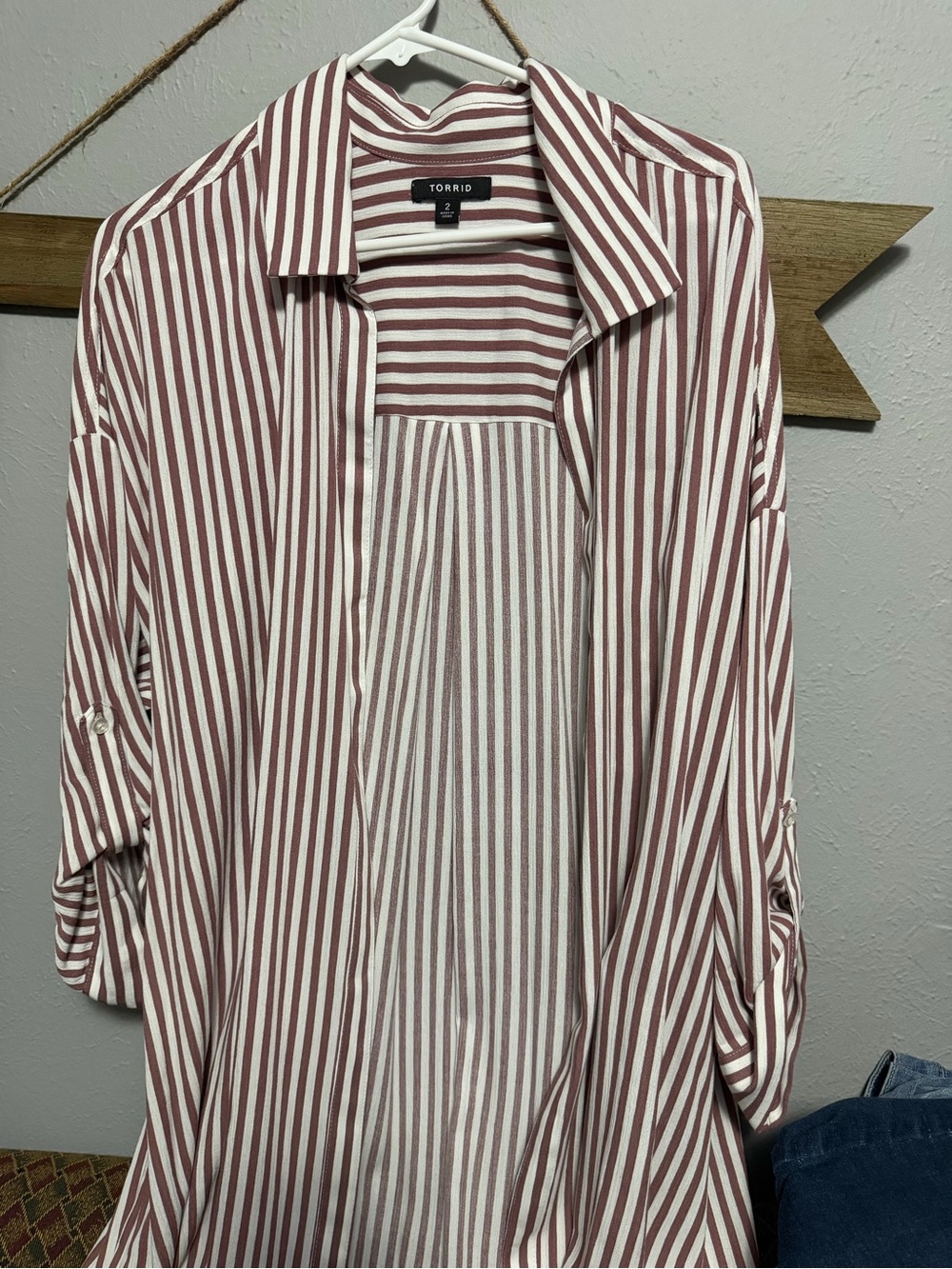 torrid Mauve and White Vertical Stripe Button-Up Shirt Jacket